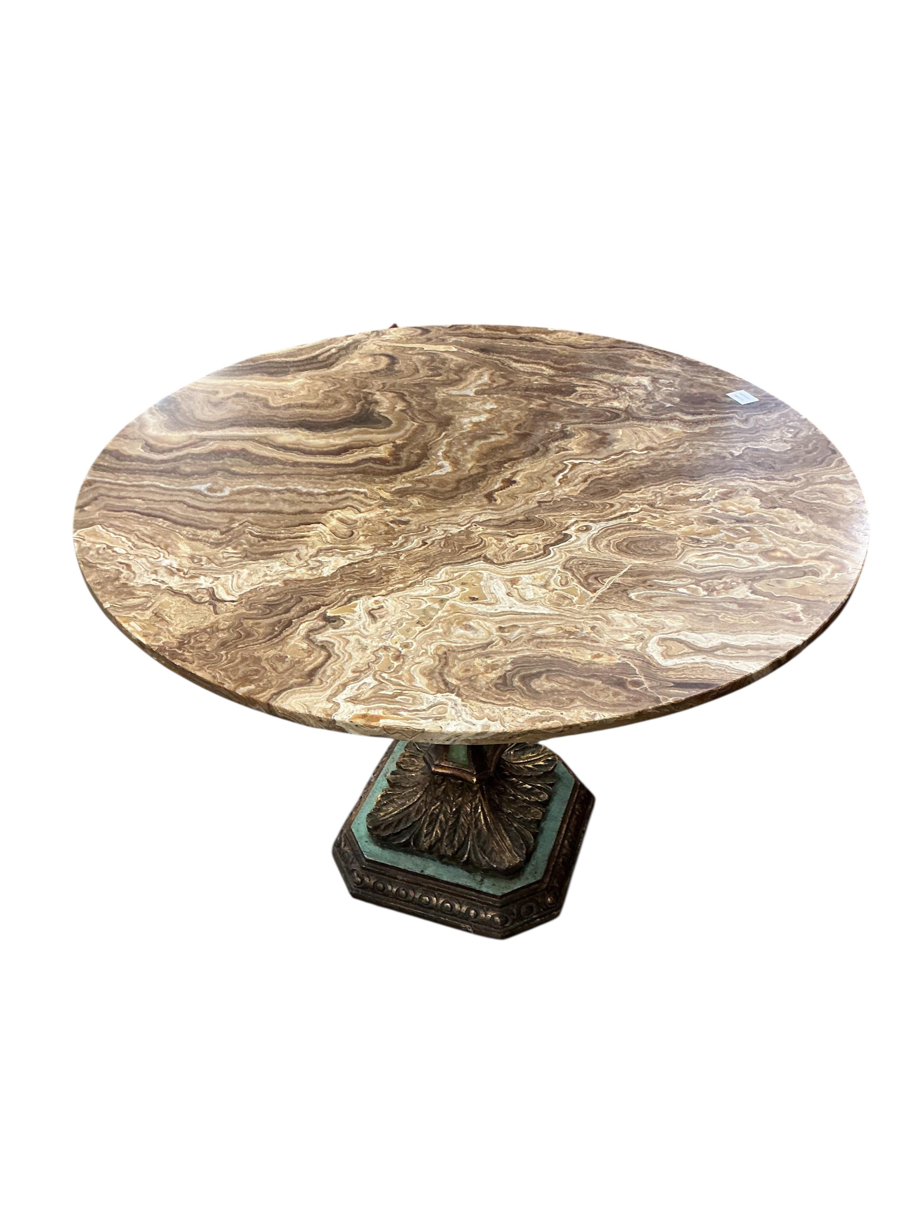 A Contemporary 18th century style circular alabaster table on giltwood and painted baluster column, diameter 104cm, height 76cm